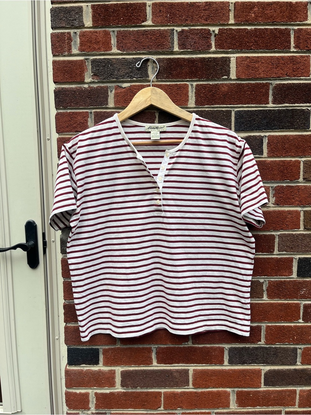 White and Black Cherry Striped Boxy Henley Tee